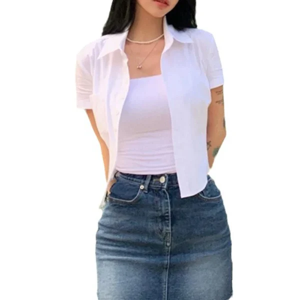 Summer Slim Blouse Shirts Summer Women Turn Down Collar Short Sleeve Button Solid Cropped Tops Lady y2k CDPF-WYP-52 5