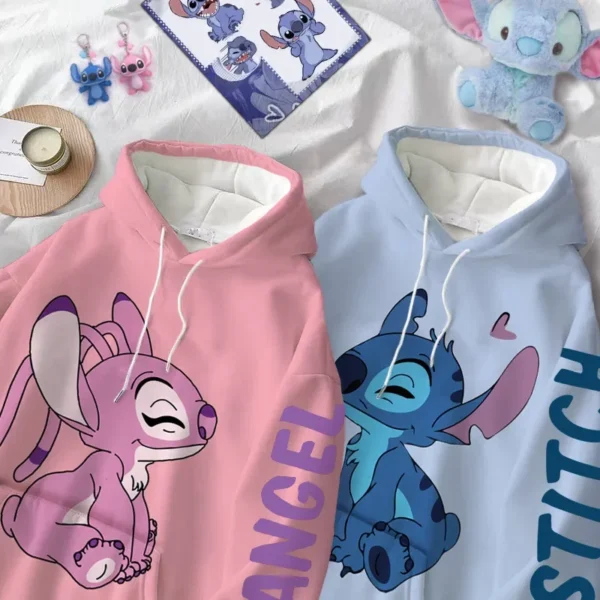 Disney Hoodie Fashion Stitch Angel Monster Letter Cartoon Sweatshirt Pullover Cute Harajuku Unisex Women's Pocket Top 2