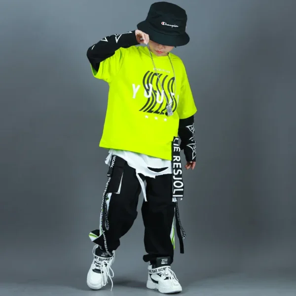 Kids Fashion Hip Hop Clothing Oversize Green Hoodie Streetwear Black Cargo Shorts For Girls Boys Jazz Dance Costume Clothes 1