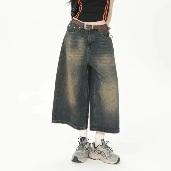 Women Y2k Style Baggy Denim Shorts Wide Leg Short Pants Fashion High Waisted Dark Wash Knee Length Loose Unisex Jeans Casual 1