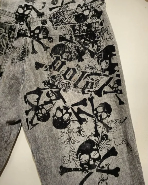 2023 New American Harajuku retro skull print straight high waist Y2K women's washed grey jeans Streetwear Gothic wide trousers 3