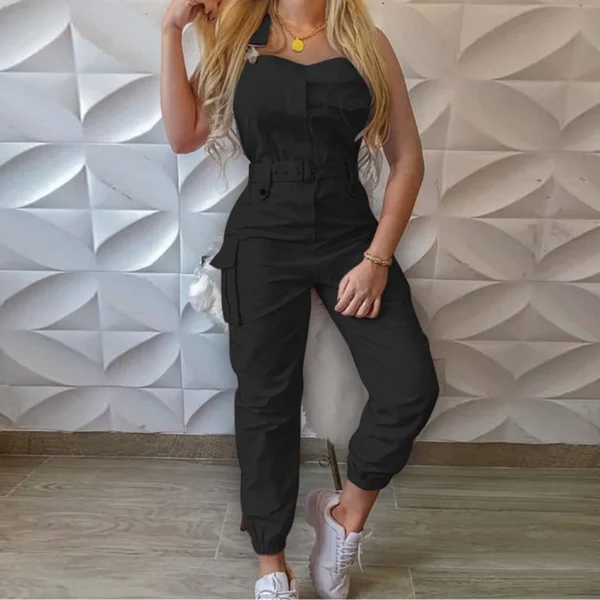 2021 New Style Women Solid Color Cargo Jumpsuit with Waistband Square Collar Sleeveless Overalls Plus Size S-XXXL 3