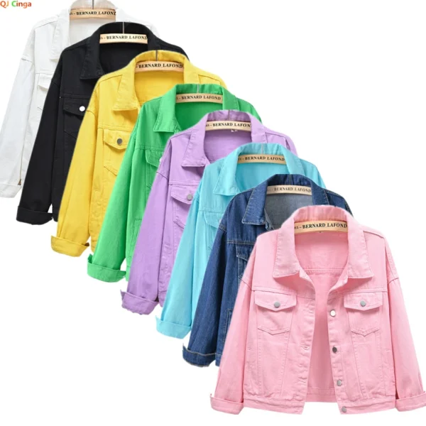 Pure Color Women's Denim Jacket Single-breasted Lapel Coat Fashion Casual Tops Green Black Red Blue Outerwear Female Overcoat 1