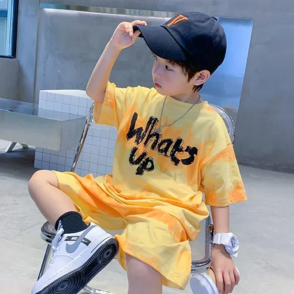 2024 New Boy Summer Quick dry Suit Children Streetwear what's up Short Sleeve TShirt + Shorts Two piece Sports Set Loose Outfits 3