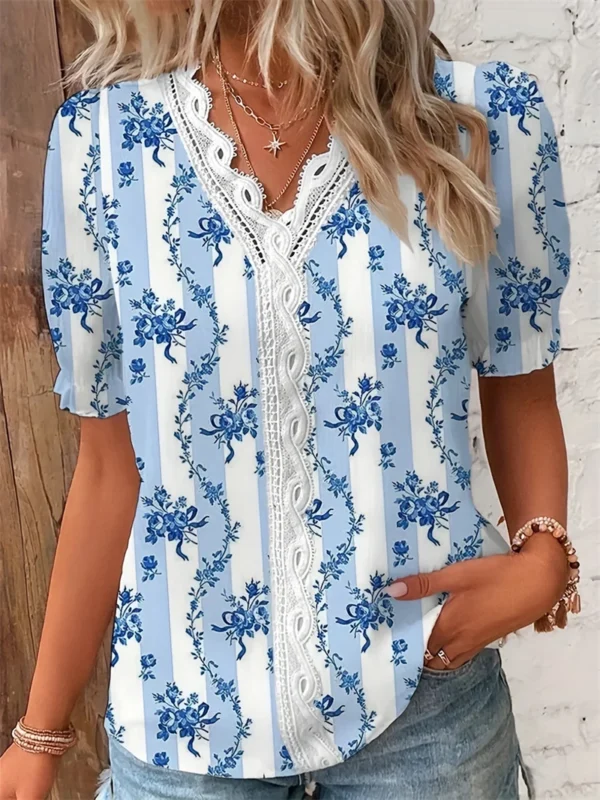 Women V Neck Splice Lace Decoration Pullover Shirt Elegant Botanical Flowers Prints Female Blouse Summer Casual Short Sleeve Top 5