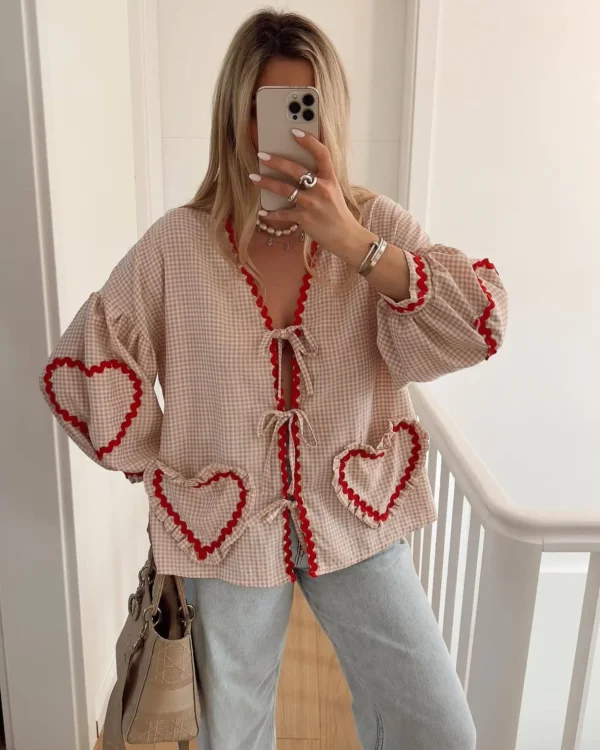 Vintage Women Loose Heart Pockets Shirts 2024 Fashion Ladies Casual V Neck Bow Buttons Blouses for Female Chic Tops Clothes 1