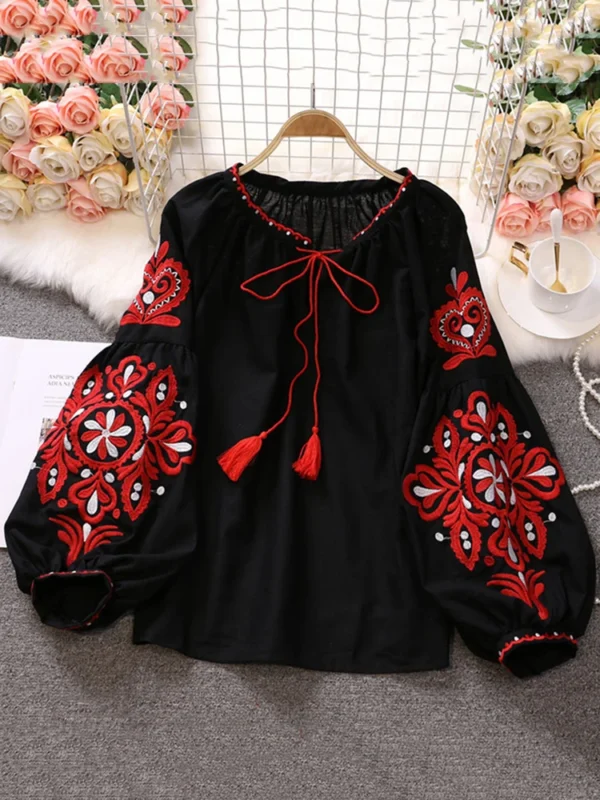 EWQ Sweet Style Women Pullover Shirts Embroidery Patchwork Bandage V-neck Lantern Sleeve Spring Summer 2023 New Blouse SN0452 3