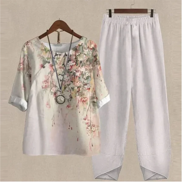 Summer 2 Piece Set Women Loose Short Sleeve Shirt Top High Waist Pants Flower Print Outfits Ladies Elegant Vintage Suit Fall 6