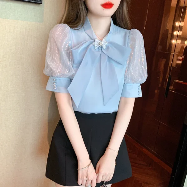 Fashion Bow Collar Apricot Chiffon Blouse Shirt Women Tops Blusas Mujer De Moda 2024 Verano Short Sleeve Blouse Women Blusa G587 5