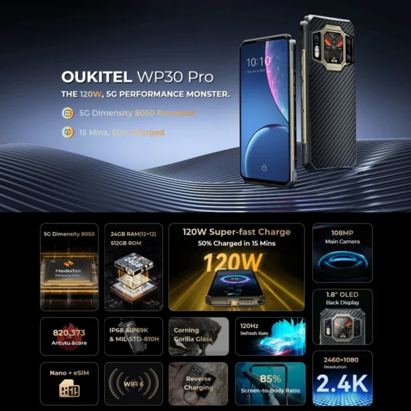 Oukitel WP30 Pro Rugged Smartphone 12GB+512GB 120W Android 13 Mobile Phone 11000mAh 6.78" FHD+ 108MP Camera 5G Cell Phone 2