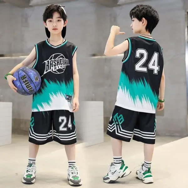 Boys Summer Quick-Dry Basketball Sports Suits 4-14 Years Boys Sveless Vset+Short Pants 2pcs Sets Kids Sports Outfits Clothing 1