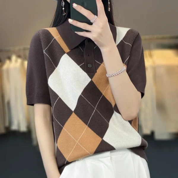 Spring Wool Contrast Rhombic Knitted Short-Sleeved Vest Color Matching POLO Collar Joker Loose Lazy Coat Half Sleeve Woman 4