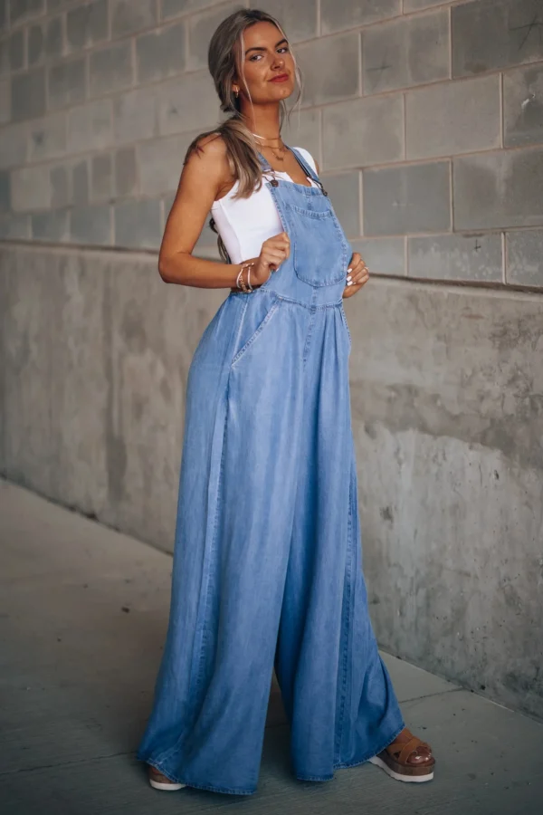 Summer Overalls For Women Blue Denim One-Piece Jumpsuits Loose Wide-Leg  With Pocket High-Waist Jumpsuits 4