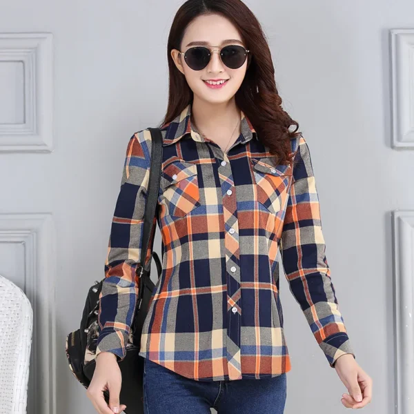 Women's Plaid Shirts 2023 Autumn New Ladies Casual Long Sleeve Pocket Cotton Shirt Fine Elegant Lady Checked Tops Clothes 3