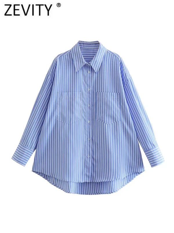 Zevity Women Fashion White Blue Striped Print Loose Shirt Office Lady Double Pocket Patch Smock Blouse Roupas Chic Tops LS3468 1