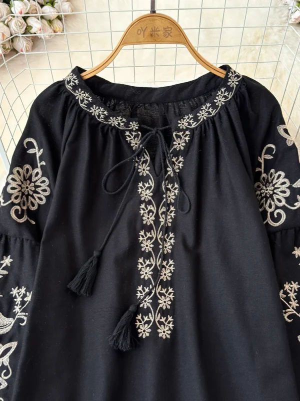 EWQ Embroidered Design Loose Blouse Women Lace-up Collar Lantern Sleeves Fashion Tops Bohemian Style 2024 Summer New 27C238 6