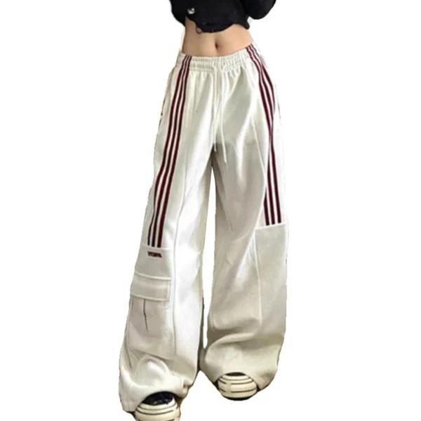 American Retro Lazy Style Wide Leg Pants Women Solid Stripes Elastic High Waist Drawstring Loose Casual Straight Sports Trousers 6