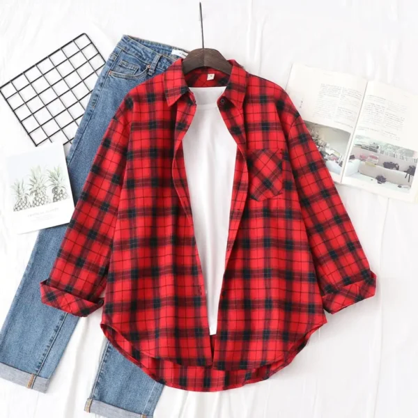 2023 New Women Long Sleeve Shirts Red and Black Flannel Plaid Shirt Tops Brand Casual Loose Female Check Blouses Clothes 6