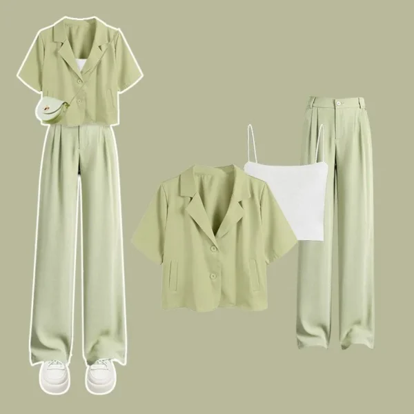 Women's Summer Suit 2023 New Chic Short Sleeved Suit Coat+Sling+Pants Three Piece Korean Elegant Casual Blazer Matching Suit 4