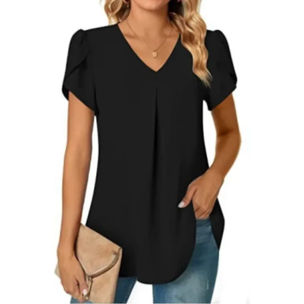 Elegant Women's Top Blouse Flower 2023 Summer Fashion Simplicity Short Sleeve Solid V-Neck Commuter Office Female Shirt S-XXL 3