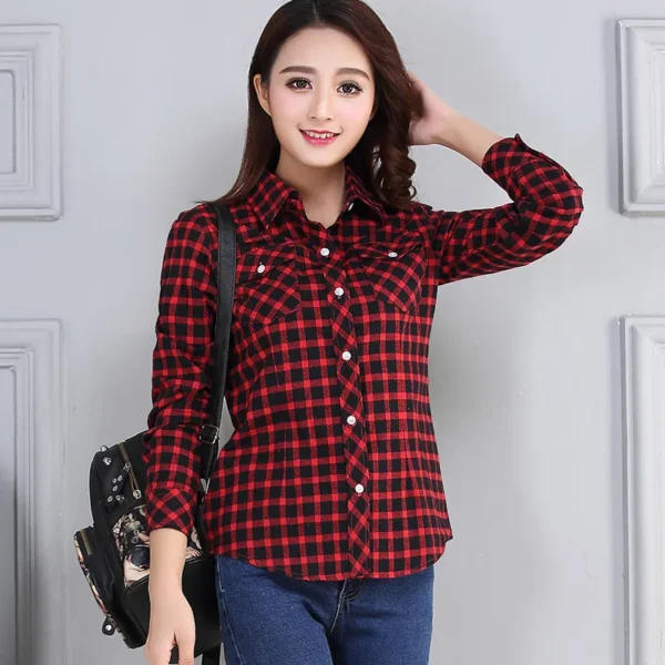 Women's Plaid Shirts 2023 Autumn New Ladies Casual Long Sleeve Pocket Cotton Shirt Fine Elegant Lady Checked Tops Clothes 5