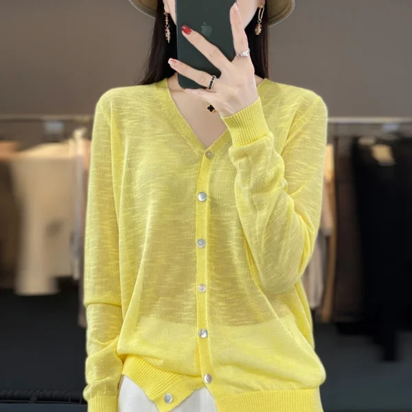 Summer Sunscreen Ice Silk Cardigan Women's V-Neck Long Sleeve Loose Knitted Top Solid Transparent Cardigan Air Conditioned Shirt 6