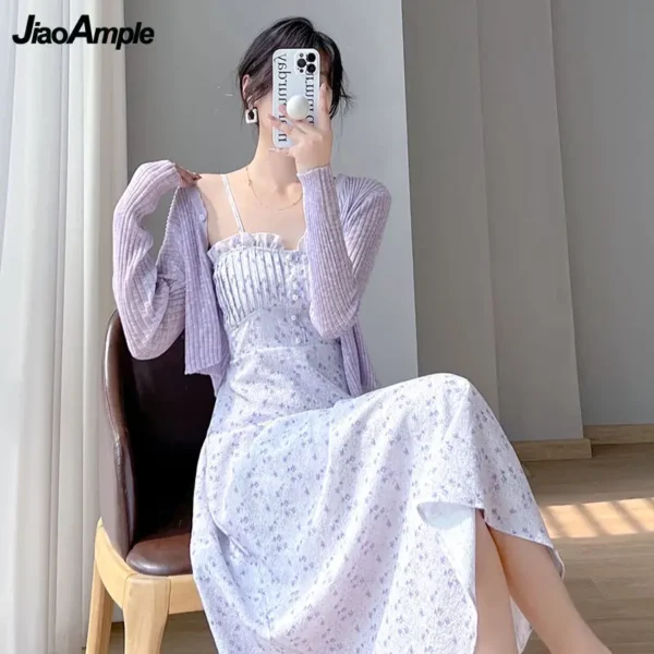 2024 Women Graceful Chic Purple Floral 2 Piece Dress Set Korean Lady Elegant Thin Shirt Sleeveless Dresses Outfit Travel Clothes 1