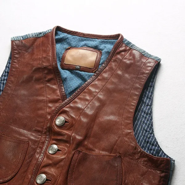 2024 New Spring Autumn Blue Dyed Clothing Genuine Leather Waistcoat Bikers Motorcycle Vest Male Sheepskin Sleeveless Coats 4