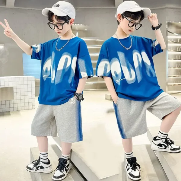 Boys Summer 2pcs Hiphop Style Leisure T-shirts+Pants Short Sleeved Suits 4-14 Years Teenage Korean Style Kids Streetwear Clothes 3