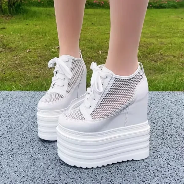 15CM Women Summer Shoes Chunky Sneakers Air Mesh Hollow Out Genuine Leather White Wedge Shoes Platform Heel Pumps Mujer Bombas 3