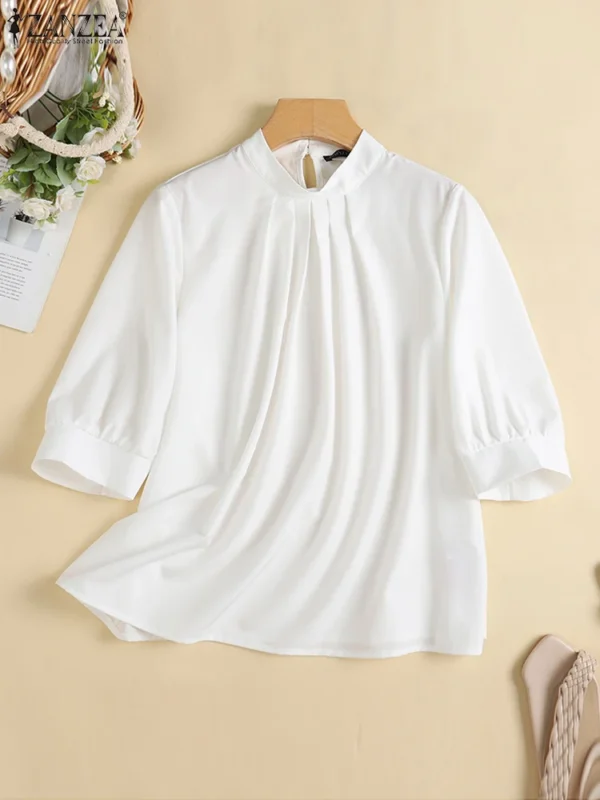 ZANZEA Fashion Stand Collar Blouse Woman 3/4 Sleeve Solid Color Tunic Tops Female Casual Loose Shirt Elegant Party Blusas Mujer 4