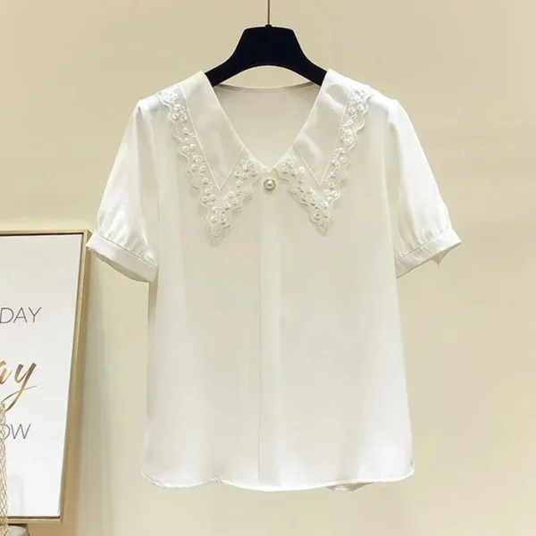 Women Spring Summer Style Blouses Shirts Lady Casual Short Sleeve Peter Pan Collar Blusas Tops 2