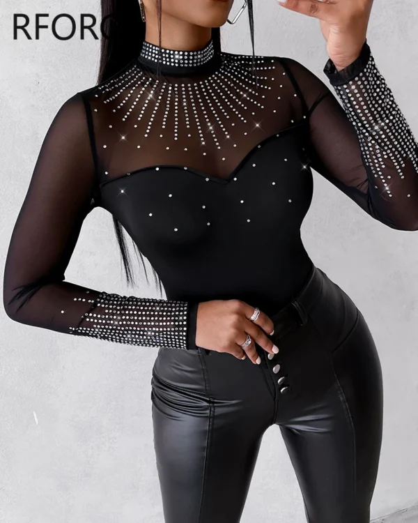 2023 Women Sexy Solid Long Sleeves Contrast Mesh Patch Rhinestone Decor Bodysuits 2