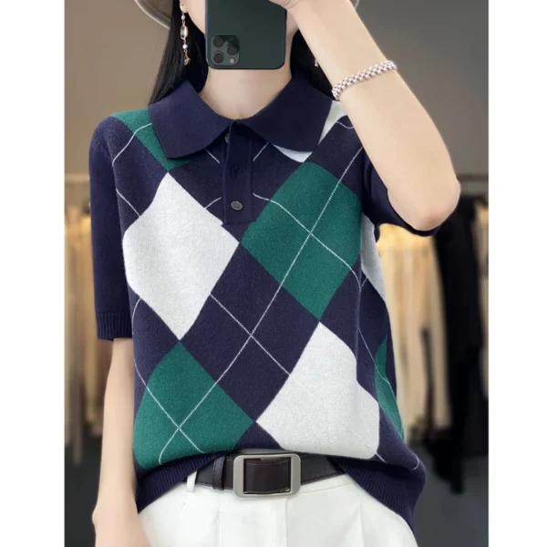 Spring Wool Contrast Rhombic Knitted Short-Sleeved Vest Color Matching POLO Collar Joker Loose Lazy Coat Half Sleeve Woman 3