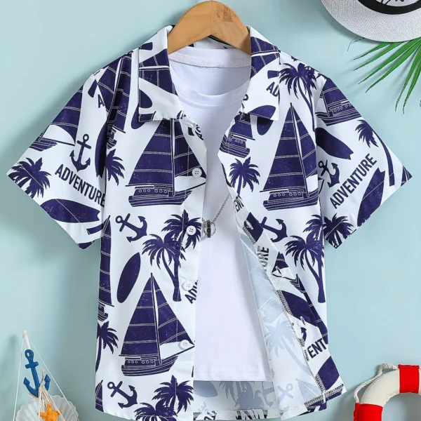 Beach Coconut Tree Print Boys Creative Top Shirts Casual Short Sleeve Lapel Shirt Tops Boys Clothes for Summer Outdoor Holiday 2