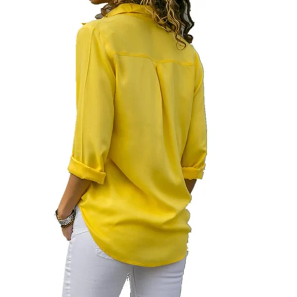 Women Yellow Chiffon Blouse Sexy Autumn Long Sleeve Button Asymmetrical Shirt Female Work Wear Shirt Blouse Oversized ARJ-196Y 2