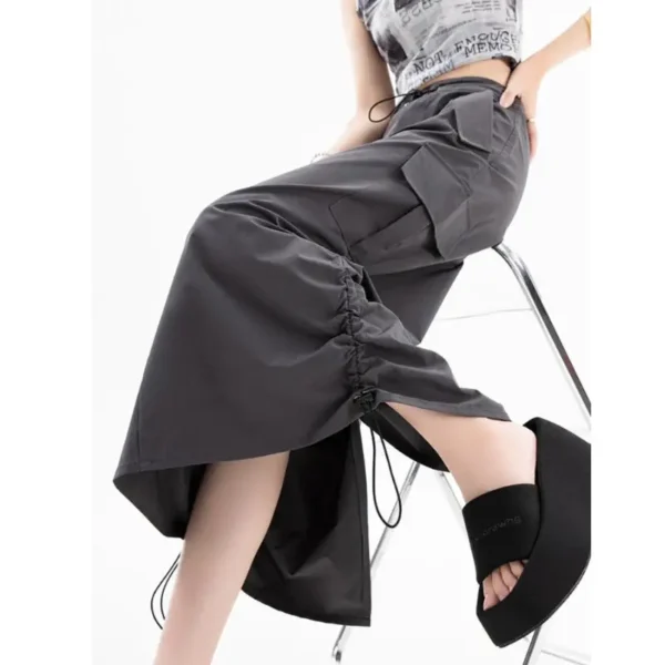 American Retro Cargo Skirt for Women Summer Slit Design Drawstring High Waist Mid-length Skirt Y2k Streetwear Fashion Clothing 5