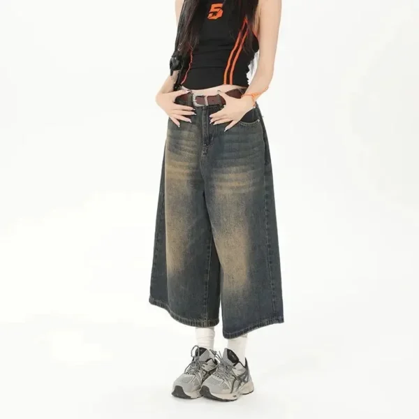 Women Y2k Style Baggy Denim Shorts Wide Leg Short Pants Fashion High Waisted Dark Wash Knee Length Loose Unisex Jeans Casual 2