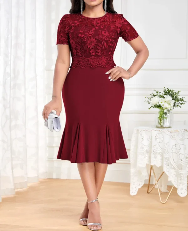 Plus Size Fashion Lace Splice Dress Women's Sexy Round Neck Short Sleeve High WaistHip wrap Fishtail Dress Elegant Party Dress 3