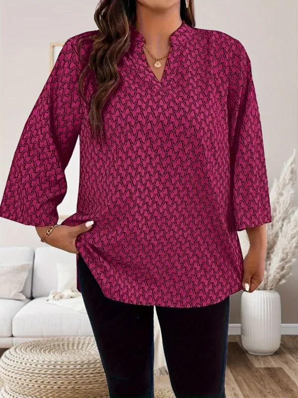 Women's Plus Size Printed Curly Sleeve Top Casual V-neck Three Quarter Sleeve Shirt 3