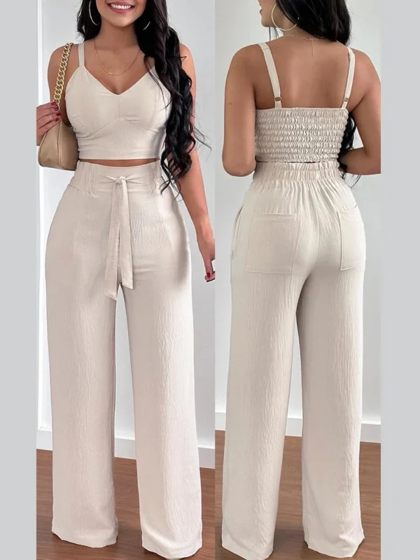 2024 Conjuntos Para Mujeres 2 Piezas Women V-neck Two-piece Set Backless Sleeveless Long Pants Casual 2 Piece Sets Women Outfit 3