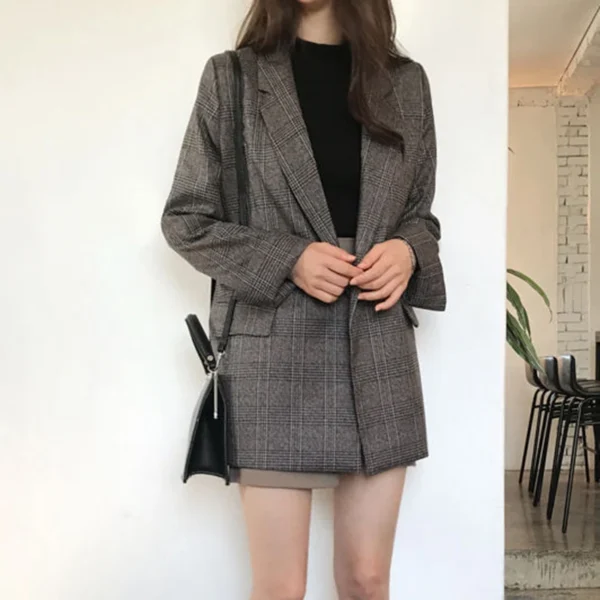 Women Winter Plaid Blazers Coats Korean Fashion Elegant Solid Thick Jacket Female Double Breasted Office Lady Long Overcoat 6