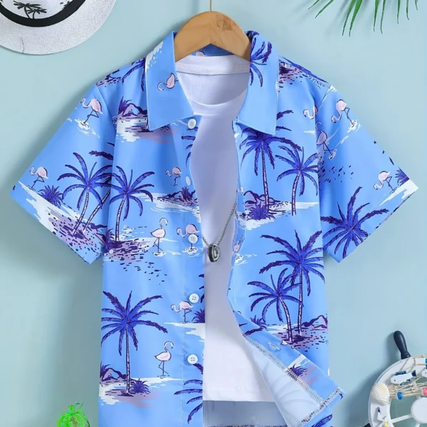 Beach Coconut Tree Print Boys Creative Top Shirts Casual Short Sleeve Lapel Shirt Tops Boys Clothes for Summer Outdoor Holiday 3