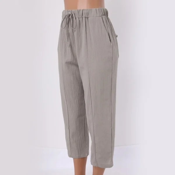 Women Solid Lace Up Casual Pants Summer Baggy Elastic Waist Trouser Wide Leg Pant With Pocket Casual Cropped Cotton Linen Pants 4