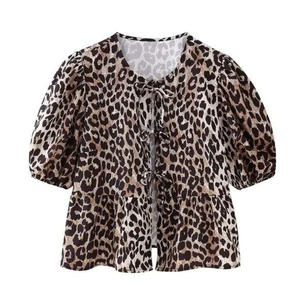 Summer Shirt With Strap Lace-up Leopard Blouse Puff Sleeve Crop Top Women's Summer Clothing 3