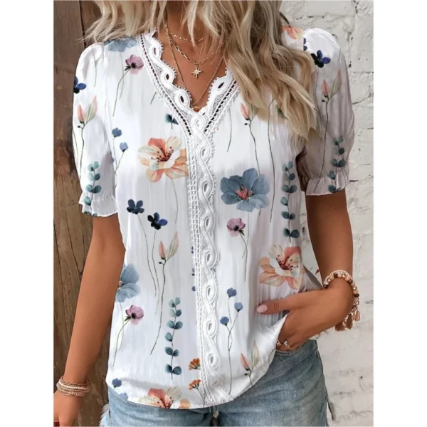 Women's V-neck Short Sleeved T-shirt Fashion T-shirt And Information Summer Clothing With Lace Print Blusas Blusas Para Mujer 1