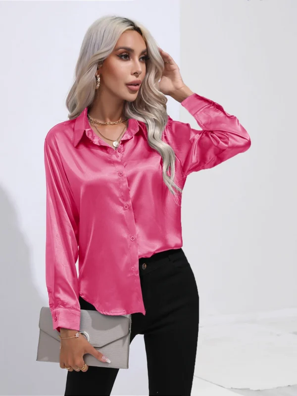 2024 Spring Summer Satin Shirt Women Long Sleeve Shirt Ladies Blouses Loose Button Up Shirts For Women 5