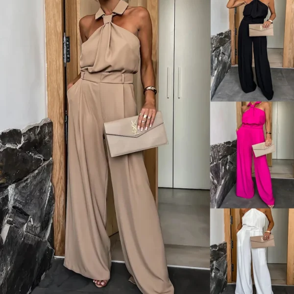 Women Elegant Waist Halter Jumpsuit Casual Tie Sleeveless Wide Leg Long Pant Summer Clothes 1