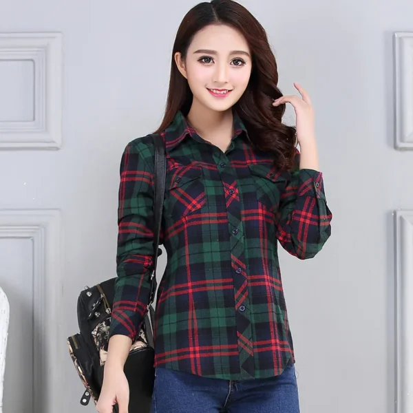 Women's Plaid Shirts 2023 Autumn New Ladies Casual Long Sleeve Pocket Cotton Shirt Fine Elegant Lady Checked Tops Clothes 6