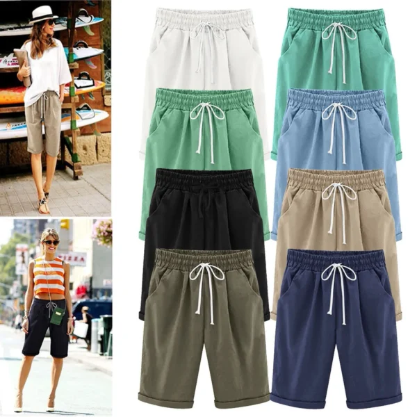 Five Point Pants For Women Summer Cotton Pants Plus Size High Waisted Shorts Lacing Beach Trousers Knee Length Workout Pocket 1